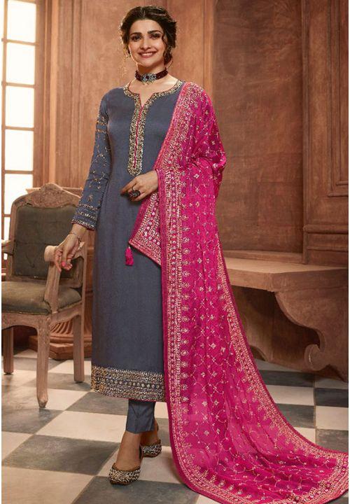 Designer Grey Salwar Suit With Pink Dupatta In Satin Georgette EXMAY42 - ShreeFashionWear  