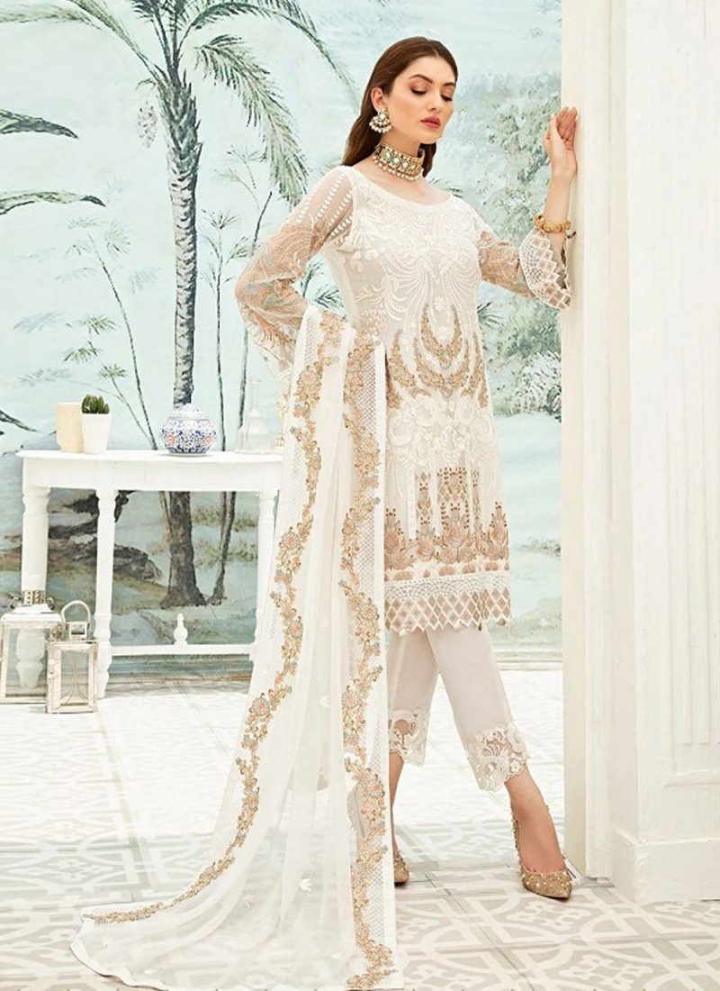 Designer Off White Salwar Kameez Pant Suit In Georgette EXMAY50 - ShreeFashionWear  