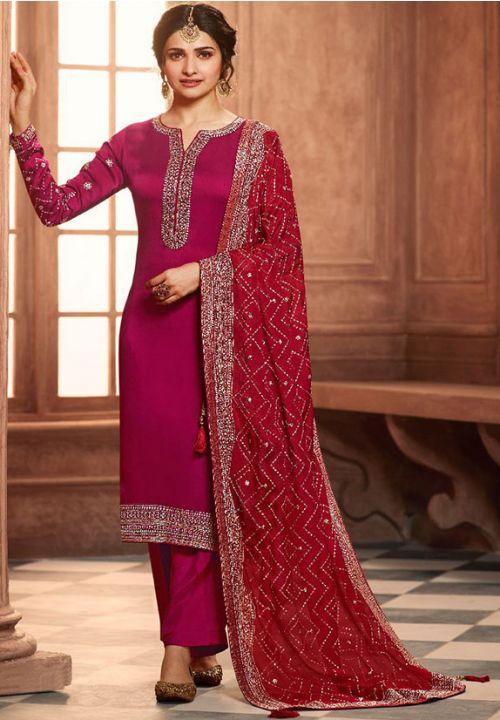 Designer Red Salwar Suit With Pink Dupatta In Satin Georgette EXMAY44 - ShreeFashionWear  