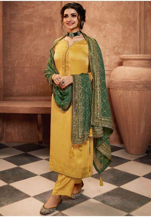 Designer Yellow Salwar Suit With Dupatta In Satin Georgette EXMAY47 - ShreeFashionWear  