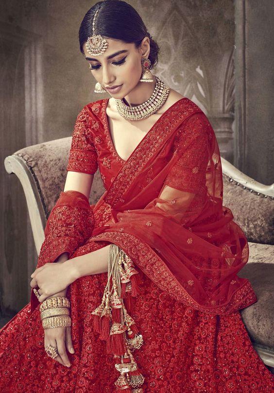 Red Heavy Embroidered Designer Traditional Bridal Lehenga Choli - Zakarto