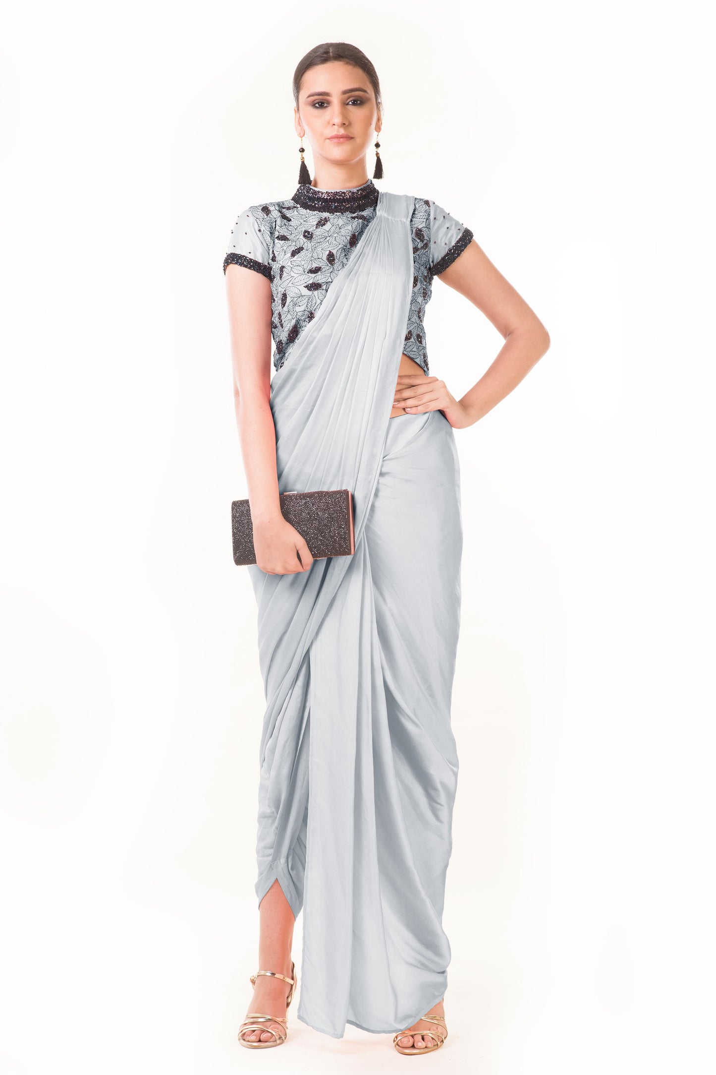 Dhoti Style Saree In Grey SFAX0092 - ShreeFashionWear  
