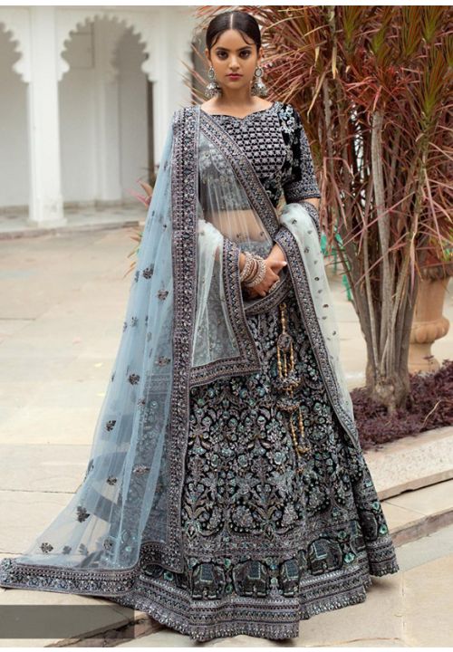 Divine Black Khaki Indian Pakistani Bridal Lehenga In Velvet SRSA330502 - ShreeFashionWear  