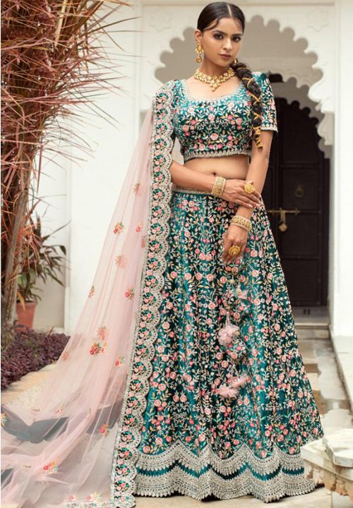 Divine Teal Khaki Indian Pakistani Bridal Lehenga In Velvet SRSA330506 - ShreeFashionWear  