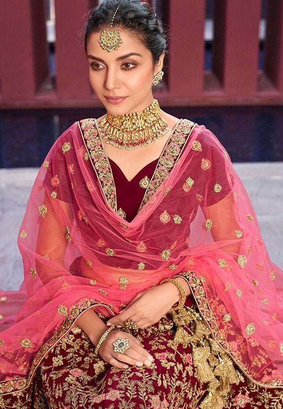 Rani Pink Embroidered Gaji Silk Lehenga – Maharani