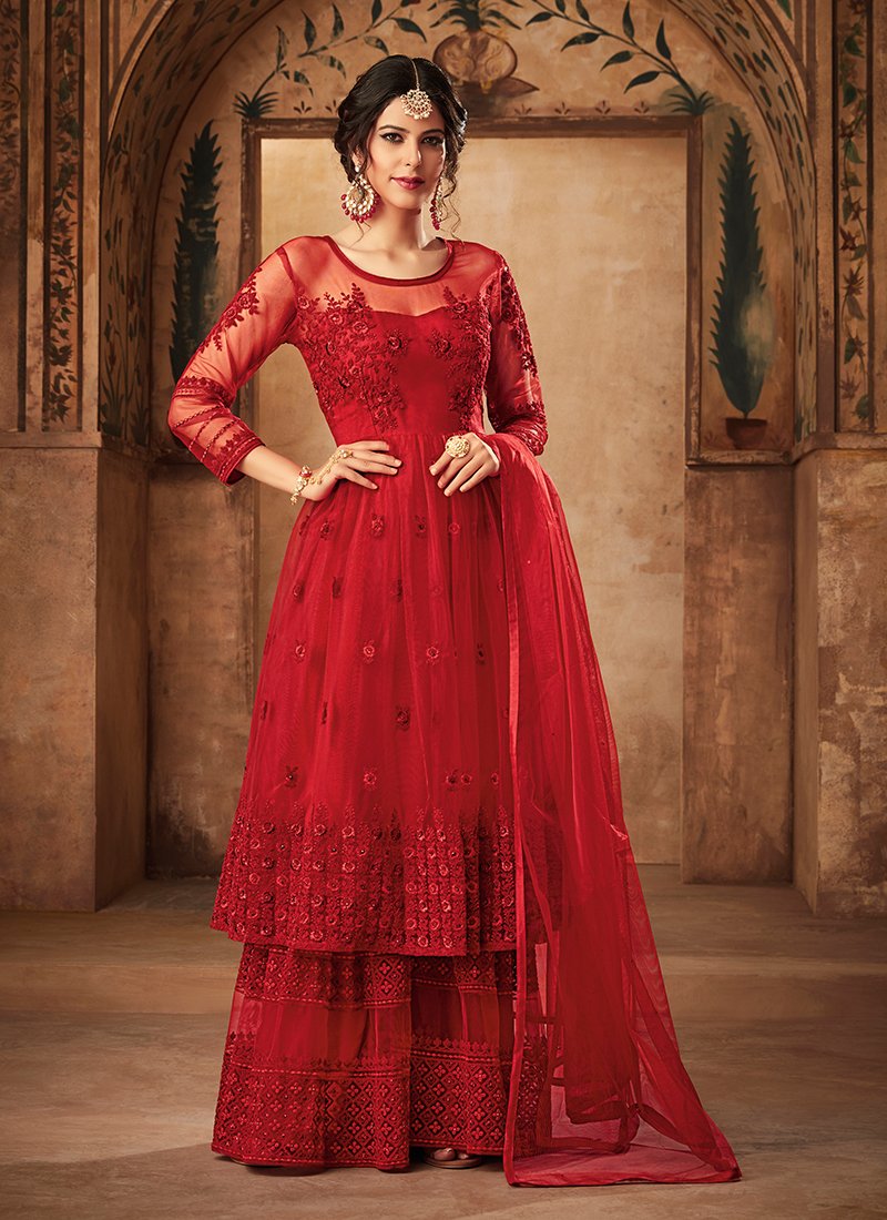 Buy Red Bridal Wedding Palazzo Sharara Suit In Net UTKCH3134 - ShreeFashionWear  