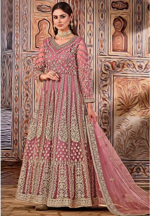 Pink Heavy Bridal Net Anarkali Suit Gown SFDFS16204 - ShreeFashionWear  