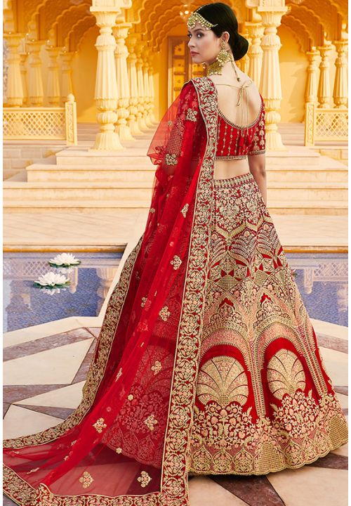 Charming Red Color Velvet Heavy Designer Bridal Wedding Lehenga Choli  -1503130663