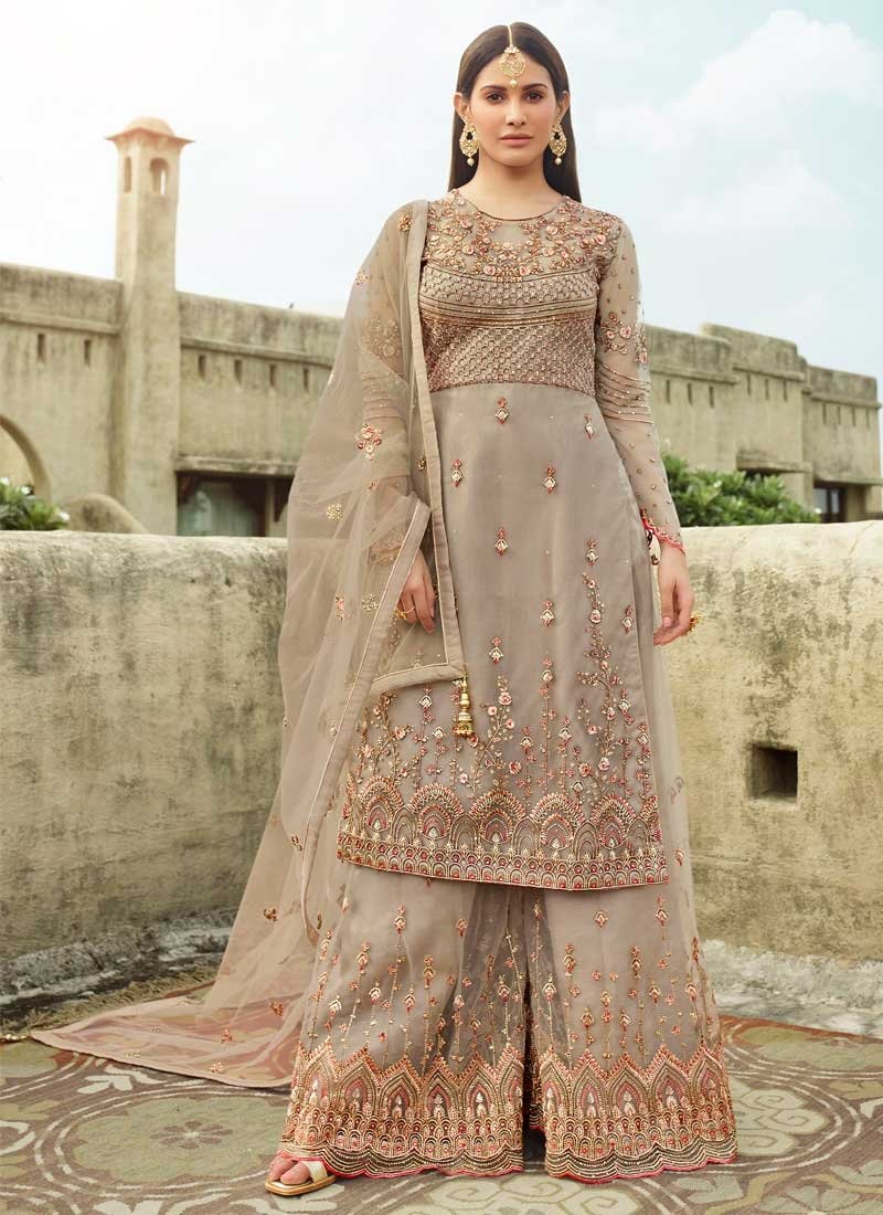 Entice Bridal Beige Palazzo Salwar Kameez Suit In Net APRFZ661 - ShreeFashionWear  