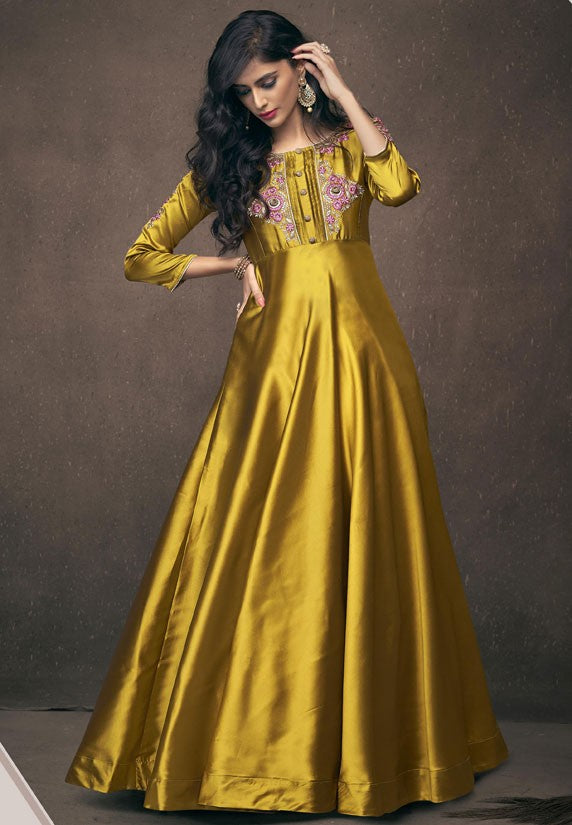 Evening Satin Silk Ready Made Gown In Gold Y985D - ShreeFashionWear  