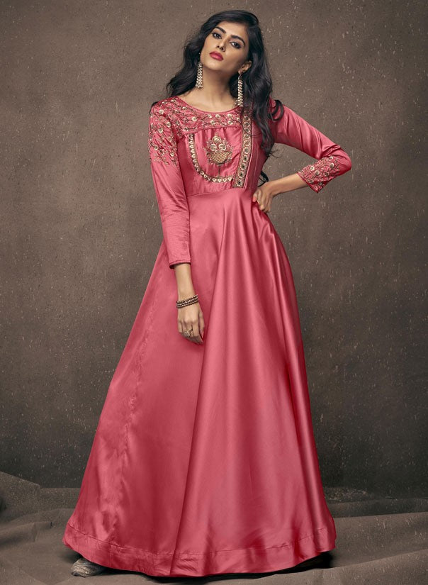 Evening Satin Silk Ready Made Gown In Pink Y902D - ShreeFashionWear  