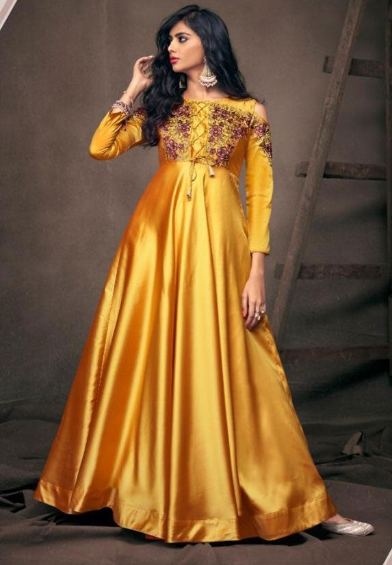 Evening Satin Silk Ready Made Gown In Yellow Y987D - ShreeFashionWear  