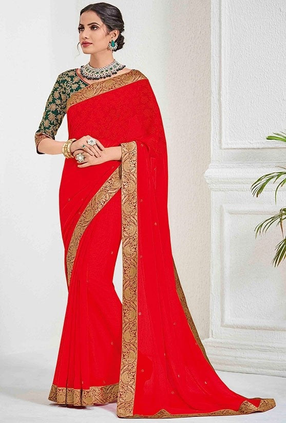 Red Chiffon Saree In Silk With Jacquard Border SHREE89 - ShreeFashionWear  