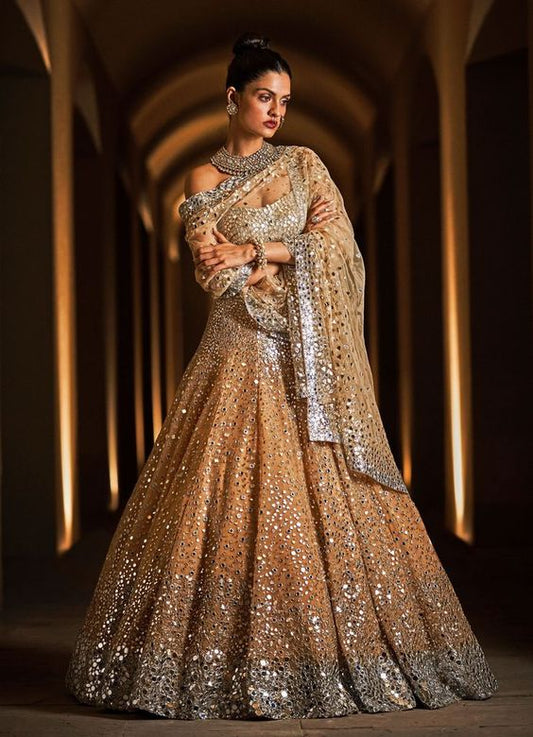 Gold Bridal Lehenga Choli In Net With Mirror Sequin Work SIYAINSP909 - ShreeFashionWear  