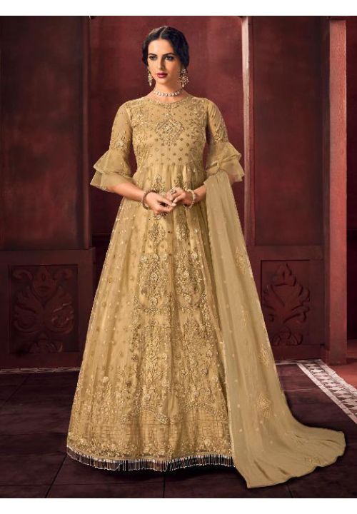 Gold Bridal Organza Silk Anarkali Gown With Stone Work SFSA257104 - ShreeFashionWear  