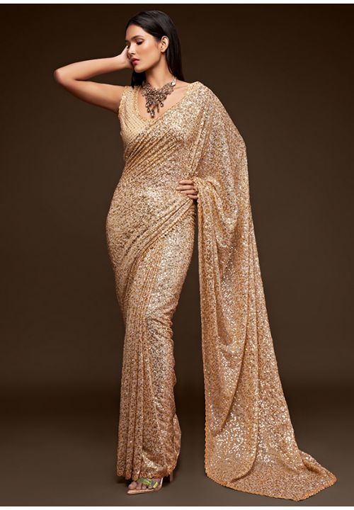Gold Cocktail Wedding Party Saree Fully Sequined In Georgette SFZC1305 - ShreeFashionWear  