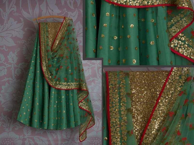 Gold Green Bridal Reception Lehenga Set In Silk Heavy Handwork INS145 - ShreeFashionWear  