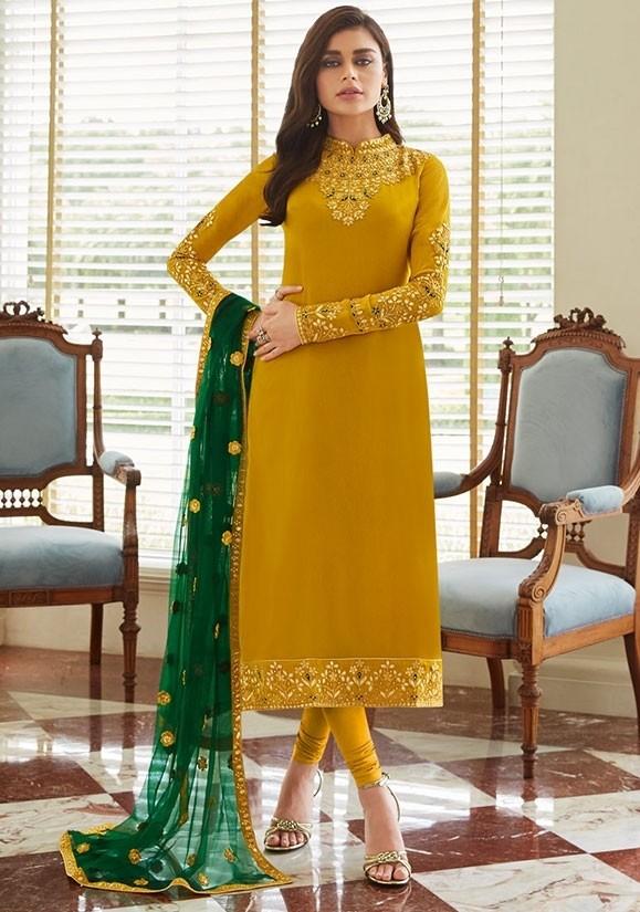 Gold Yellow Churidar In Georgette Fabric SIYA0299 - ShreeFashionWear  