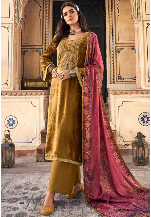 Gold Yellow Plus Size Readymade Salwar Pants In Velvet SFSTL22104