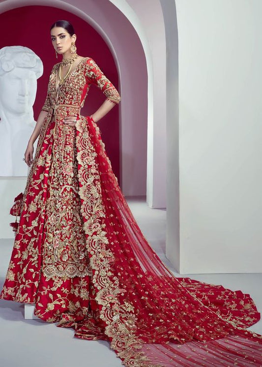 Gold Red Floral Bridal Lehenga Trail SFINS012 - ShreeFashionWear  