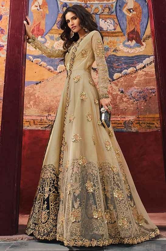 Gold Silk Sangeet Gown Sparkle Work SIYA2324 - ShreeFashionWear  