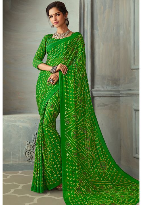 Green Bandhani Print Chiffon Indian Sangeet Wedding Saree  SRSA268305 - ShreeFashionWear  
