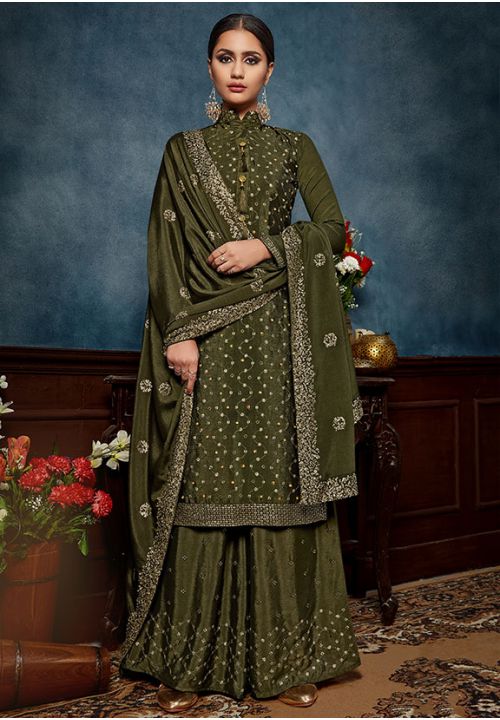 Green Blue Party Palazzo Suit In Chinon Small- 3XLarge EXAPR47 - ShreeFashionWear  
