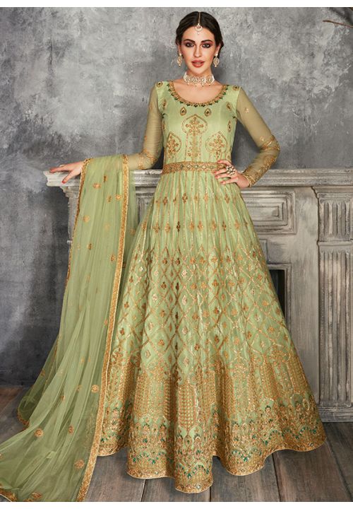 Green Bridal Anarkali Gown In Net Lucknowi Work SFYS62202 - ShreeFashionWear  