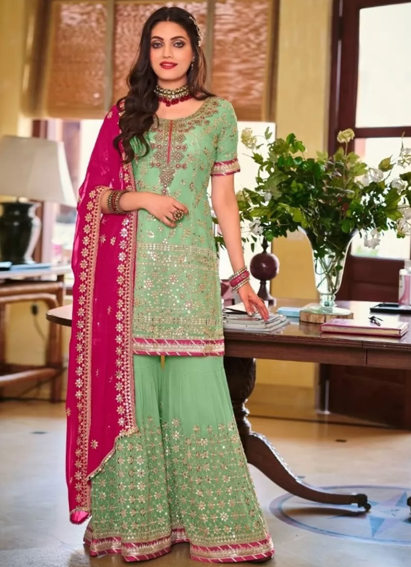 Green Bridal Sharara Palazzo Suits In Georgette SRF110700 - ShreeFashionWear  