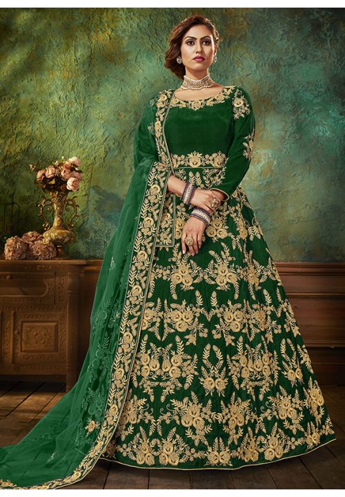 Green Bridal Velvet Anarkali Long Suit Stone Work SFSA249803 - ShreeFashionWear  
