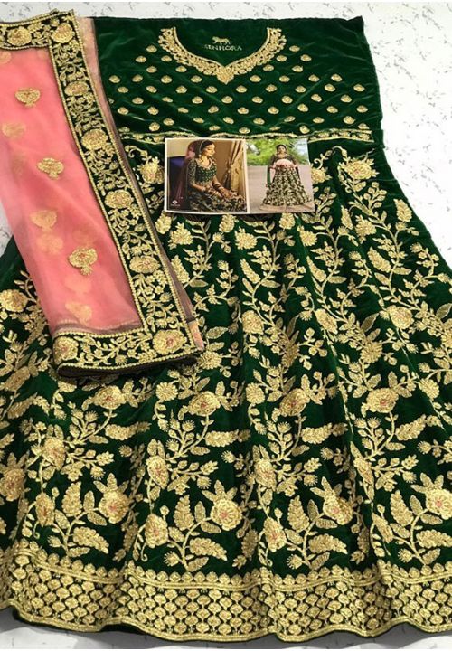 Green Bridal Velvet Anarkali Long Suit Stone Work SFYS62402 - ShreeFashionWear  