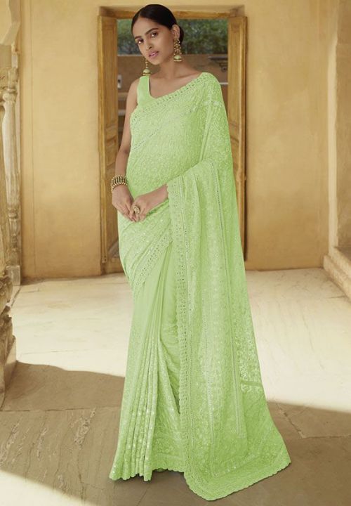 Green Bridesmaid Wedding Reception Saree In Georgette SHARY9406 - ShreeFashionWear  