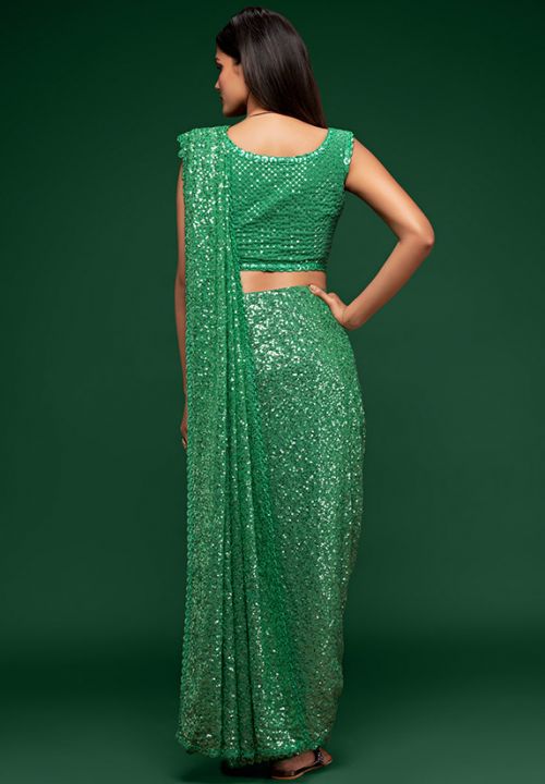 Lime Green Ready Pleated Sequins Lycra Saree With Ruching And Matching –  paanericlothing