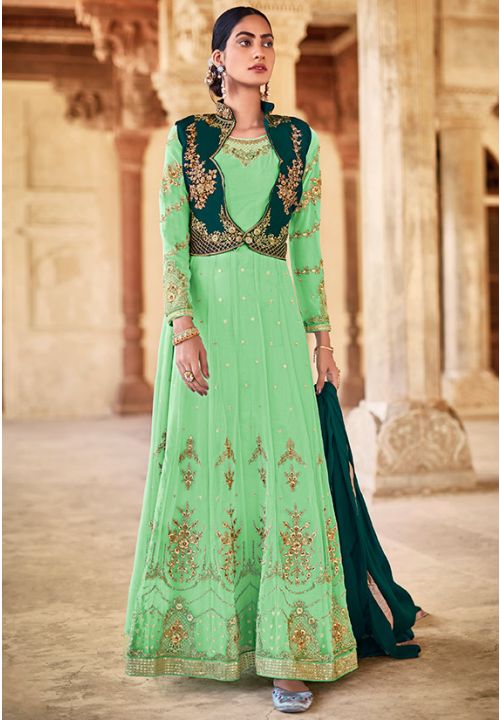 Green Designer Bridesmaid Long Anarkali Suit In Georgette SRSA300801 - ShreeFashionWear  
