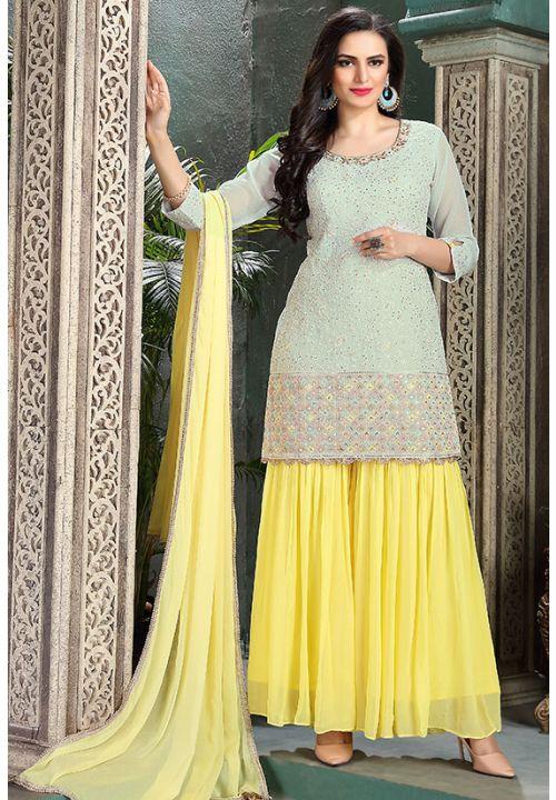 Green Georgette Designer Gharara Salwar Suit Mirror Work SKN58806R - ShreeFashionWear  