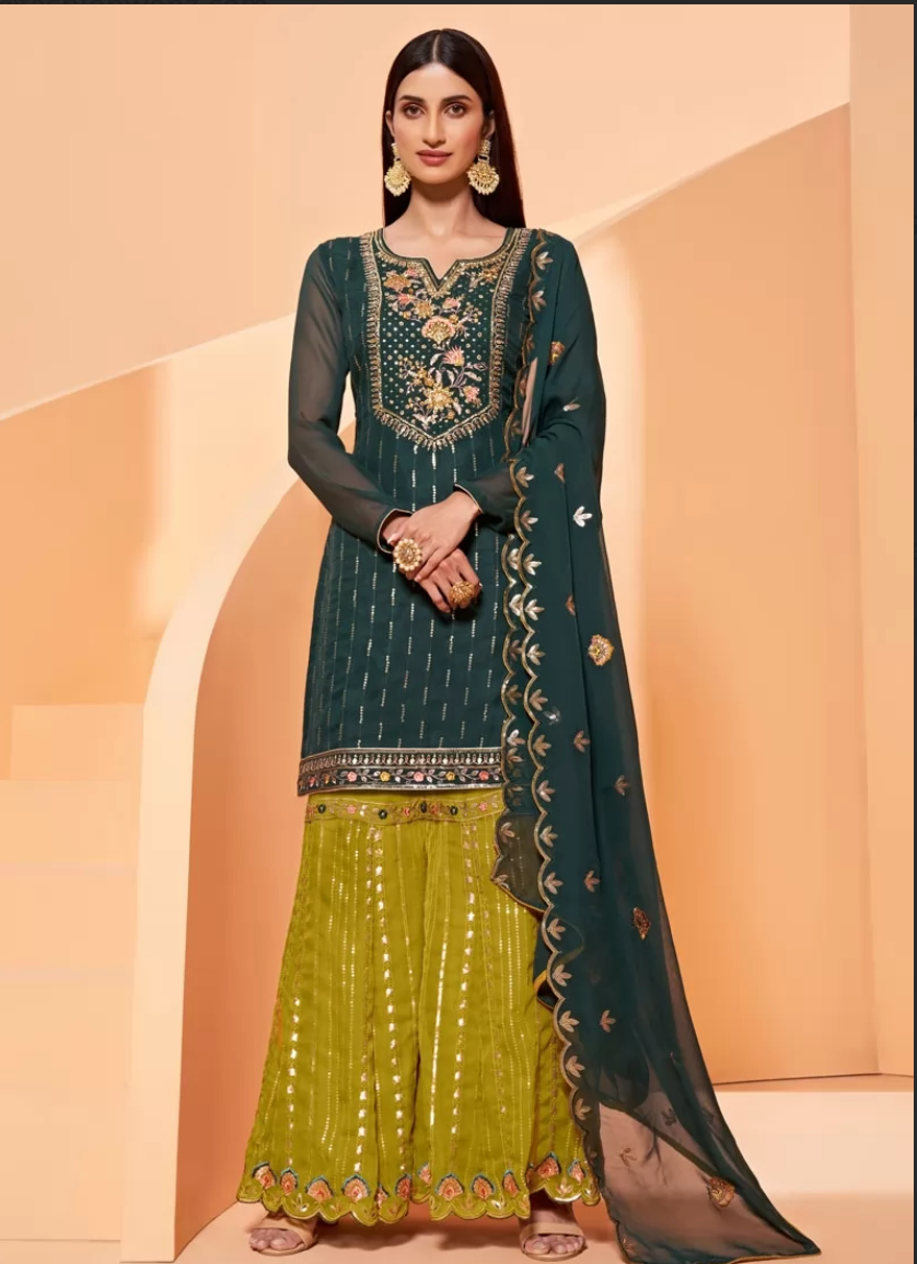 Green Georgette Party Sharara Salwar Suit  Palazzo Suit SHFZ110416 - ShreeFashionWear  
