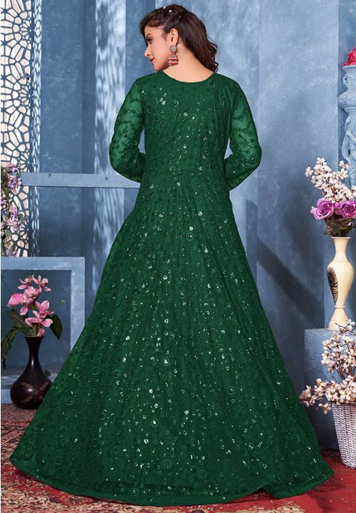 Green Net Designer Heavy Sequin Work Anarkali Suit SRDFS17701 - ShreeFashionWear  