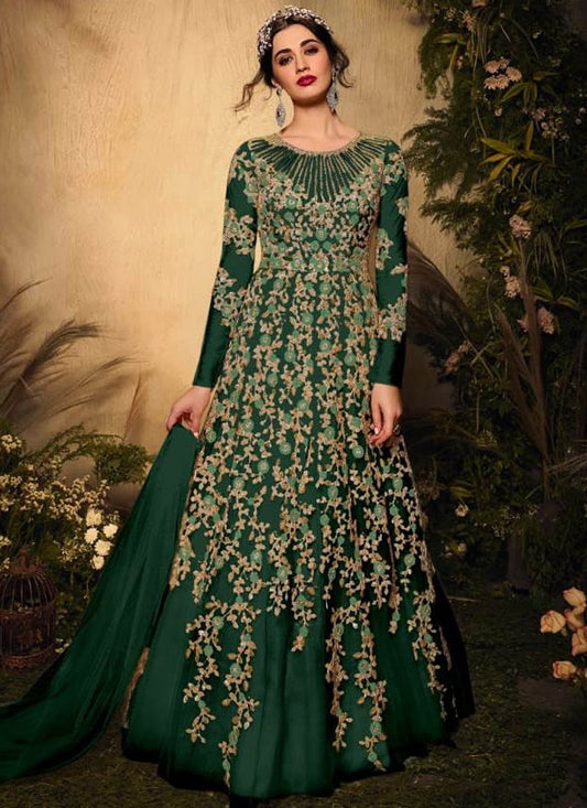 Green Net Florance Long Length Bridal Gown FZ90719 - ShreeFashionWear  