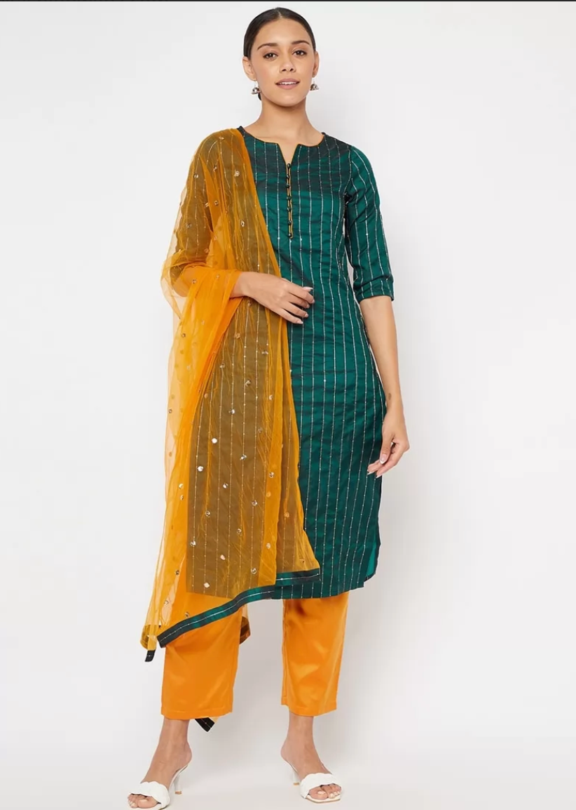 Green Orange Sangeet Cotton Silk ReadyMade Salwar Suit SHFZ110393 - ShreeFashionWear  