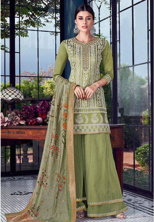 Green Peach Chanderi Silk Palazzo Suit SHSWG5305 - ShreeFashionWear  