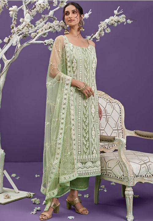 Green Peach Plus Size Lucknowi Work Palazzo Suit In Net  SFYS72003 - ShreeFashionWear  