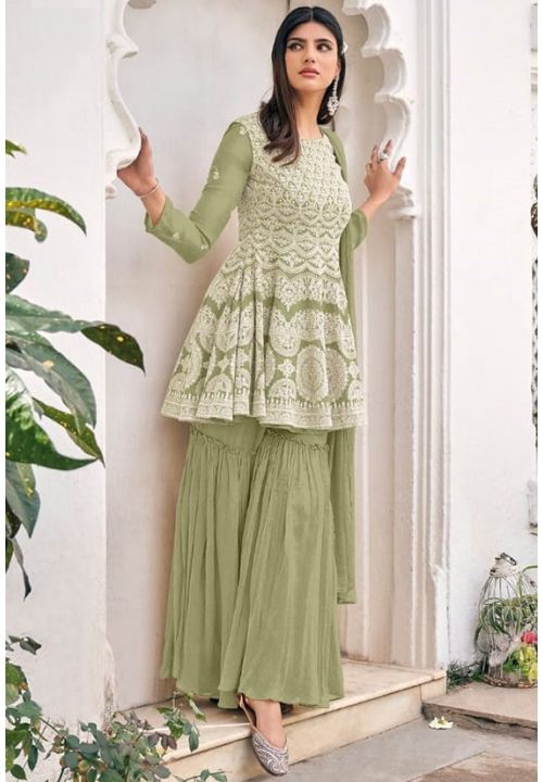 Green Peplum Style Red Viscose Sharara Palazzo Suit SFDSIF5401H - ShreeFashionWear  