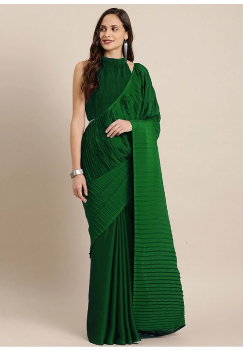 Green Pleated Indian Sangeet Wedding Saree In Art Silk SRDSIF7201 - ShreeFashionWear  