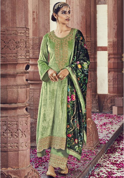 Green Plus Size Readymade Salwar Pants In Velvet SFDSIF11603