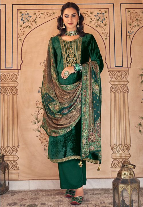 Green Plus Size Readymade Salwar Pants In Velvet SFSTL22103