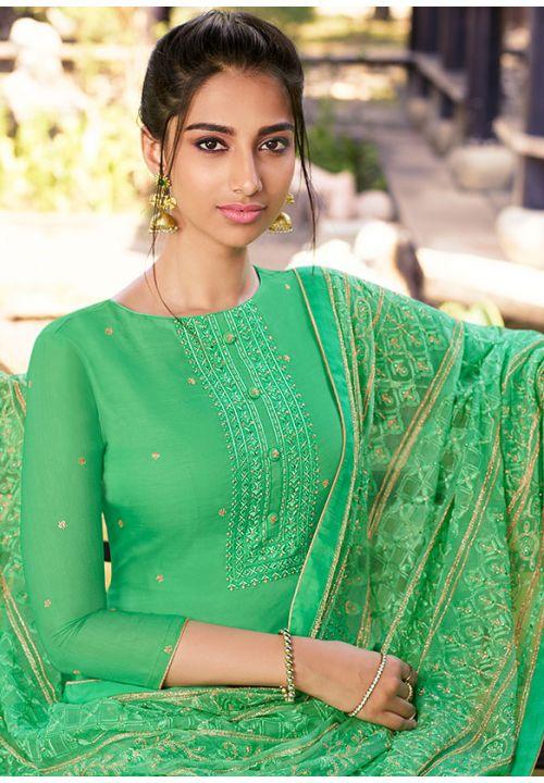 Green  Pure Silk Plussize Palazzo Salwar Kameez EXSTL13902 - ShreeFashionWear  