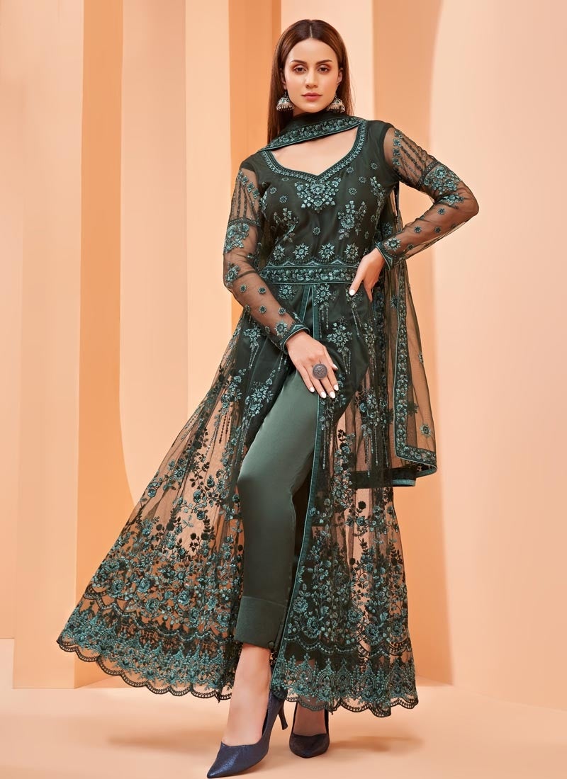 Green Sangeet Bridal Anarkali Churidar Suit In Net SFZ104630 - ShreeFashionWear  