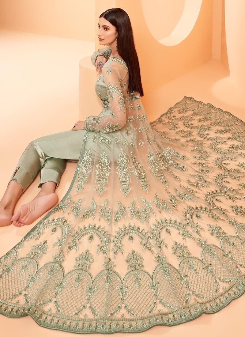 Green Sangeet Bridal Anarkali Churidar Suit In Net SFZ104634 - ShreeFashionWear  