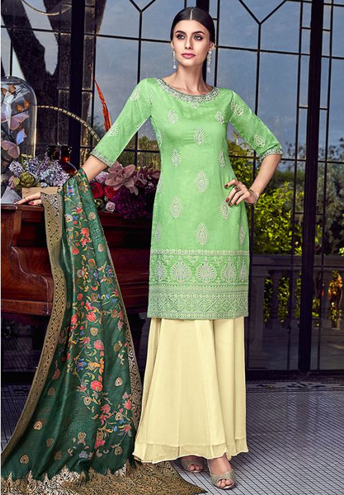 Green Sangeet Heavy Palazzo Sharara Suit Chanderi Silk SFSWG5307 - ShreeFashionWear  