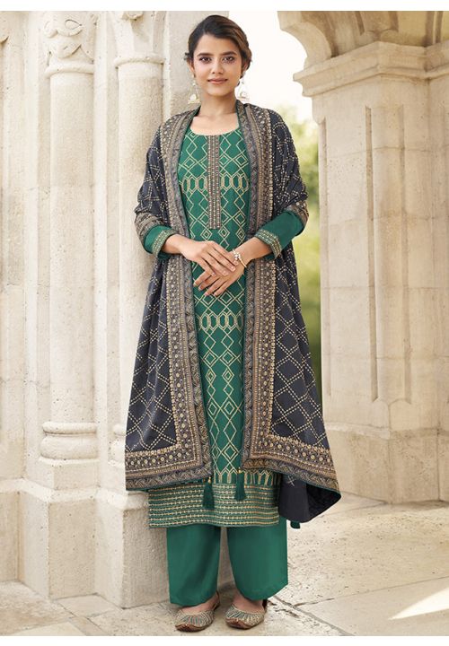 Green Sangeet Party Embroidery Palazzo Suit In Chinnon SFYS69003 - ShreeFashionWear  
